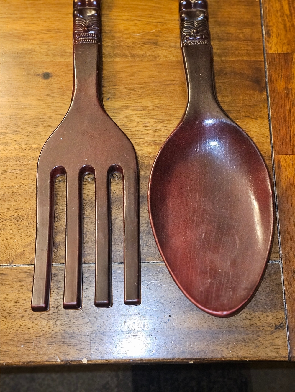 Carved Tiki Vintage Design Wooden Spoon & Fork Utensil Wall Sculptures Brown - Picture 3 of 6